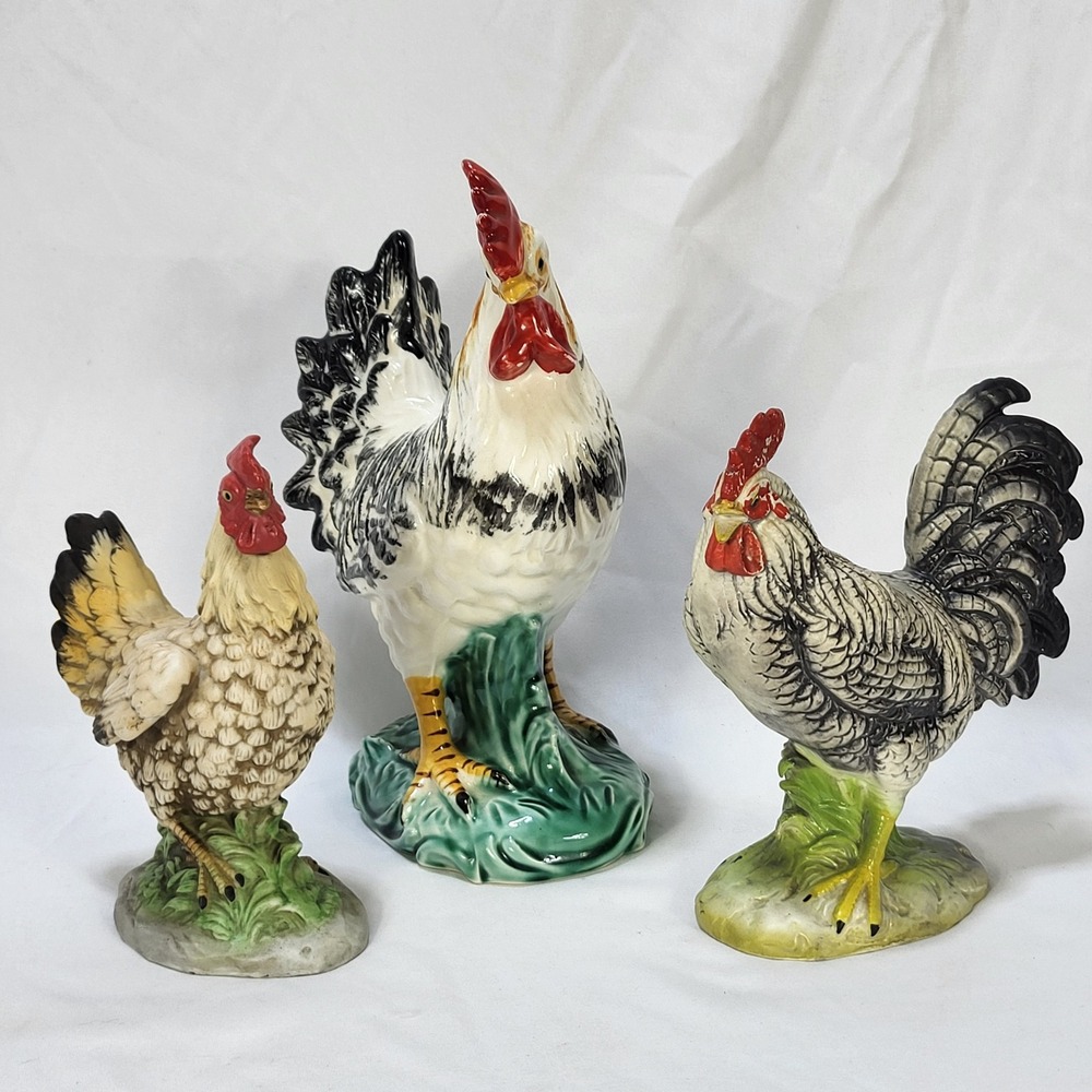 Vintage Ceramic Rooster and Chicken Figurines Set of 3 Farmhouse Kitchen Decor